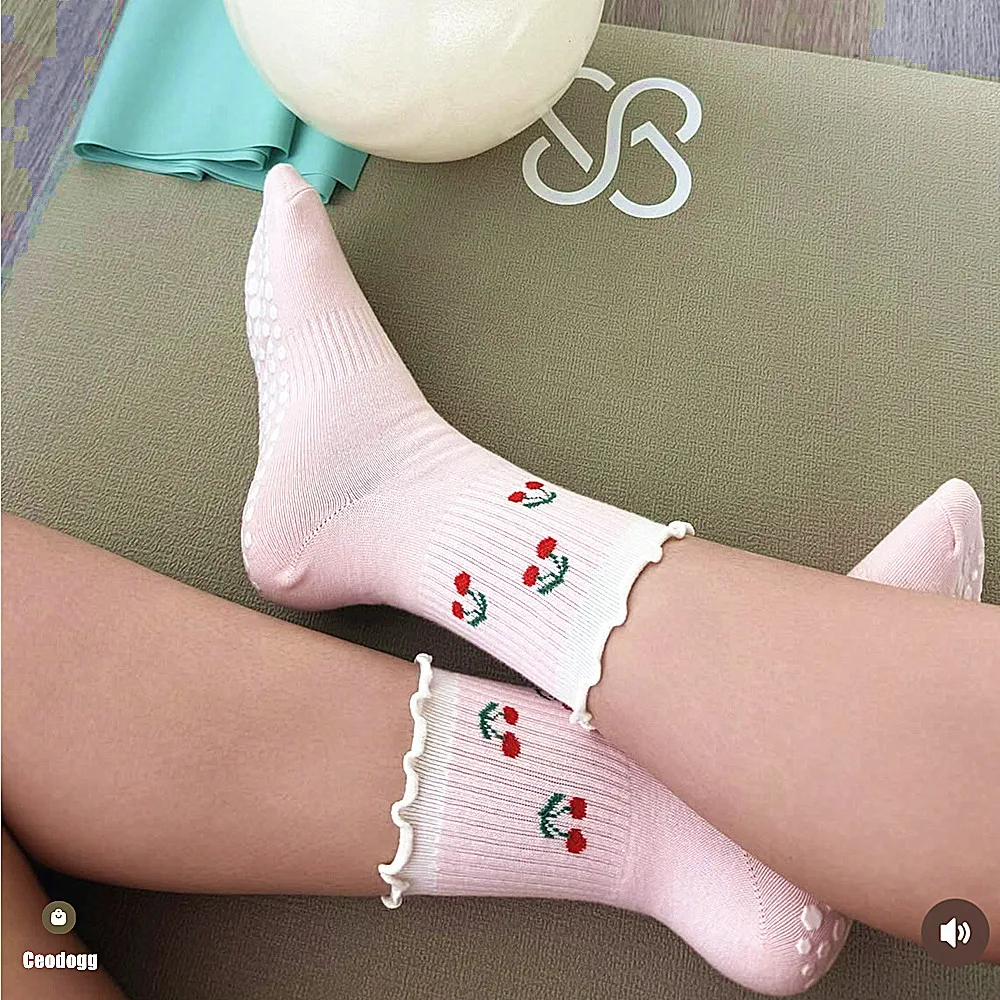 

Embroidered Cherry Pilates Girl Socks Grips Ruffle Yoga Sock Grip Socks Indoor Sport Women Silicone bottom anti slip socks XP163