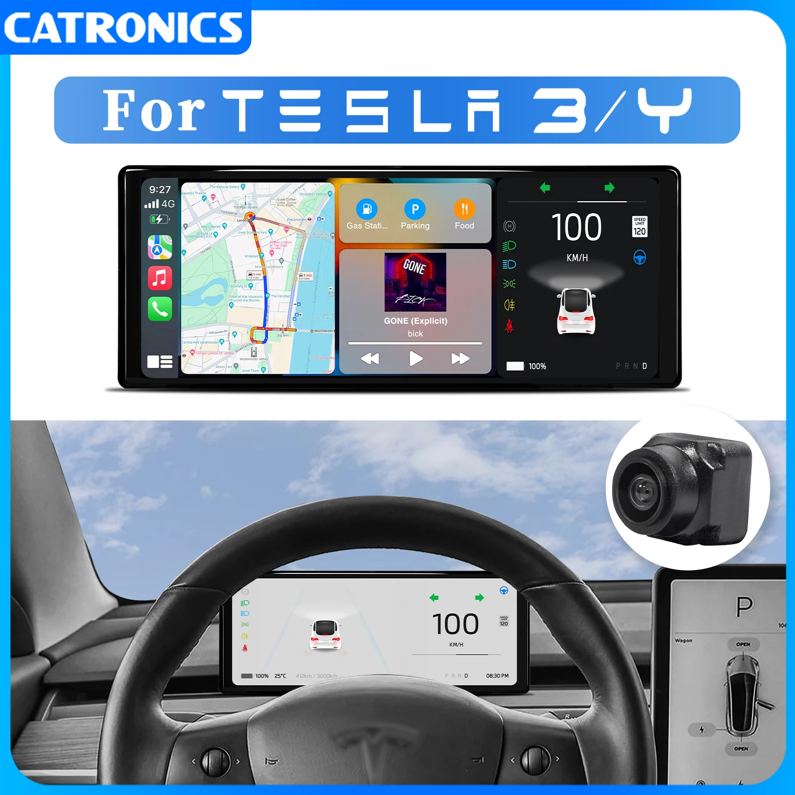 CATRONICS untuk 2023Tesla aaksesoris Model 3 Y dasbor Digital head Up tampilan Carplay Android Auto untuk Tesla HUD Power Speed