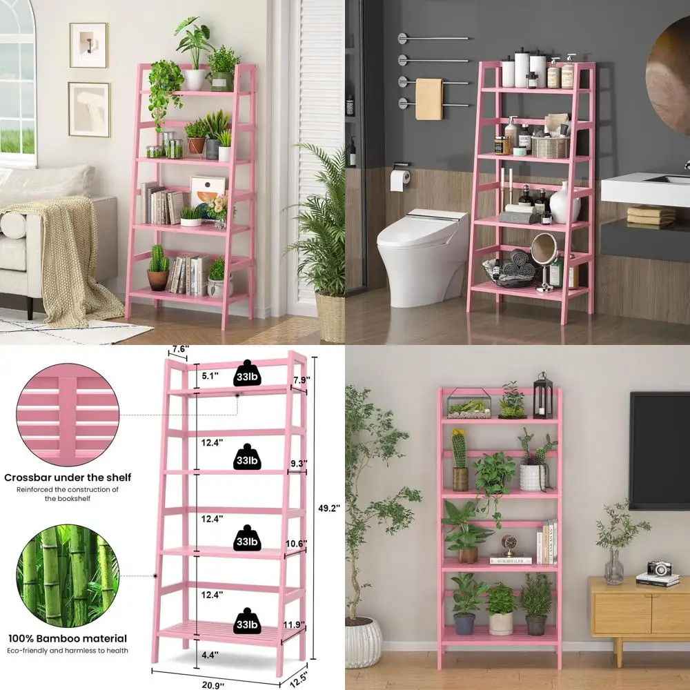 

4-уровневая книжная полка с розовой лестницей — открытый стеллаж для хранения дома, офиса и ванной комнаты с подставкой для растений, простая сборка