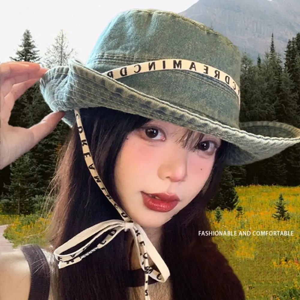 

Casual Big Brimmed Denim Bucket Hat Letter Wide Wings Jeans Fisherman Hat UV Protection Korean Style Sunscreen Hat Climbing