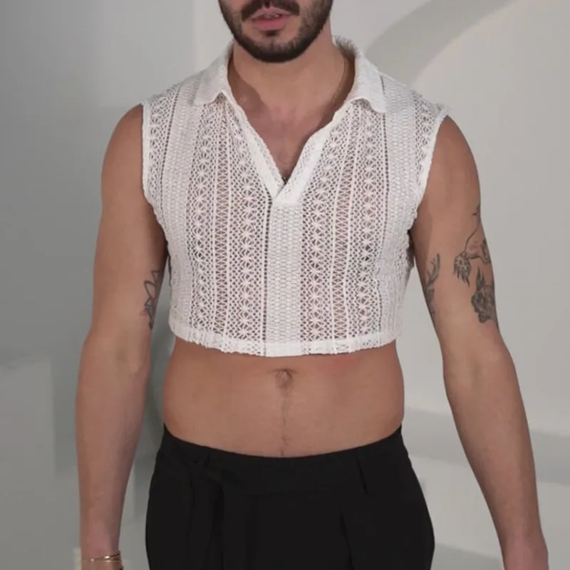 Spring And Summer New Men's Short Lapel Top Hollow Sexy Design Sleeveless Shirt Men