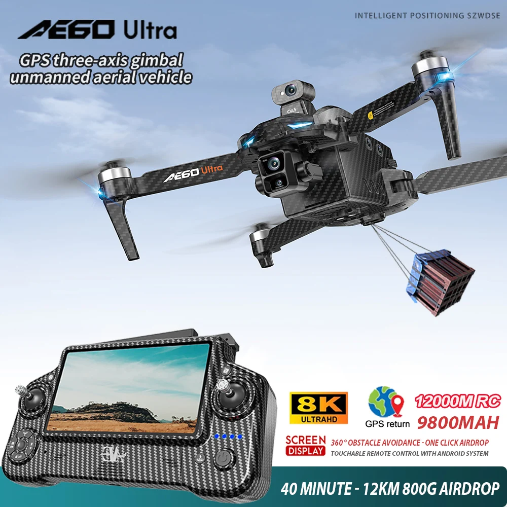 

AE60 GPS Drone 8K Professional HD Camera 3-Axis Gimbal Aerial Brushless Obstacle Avoidance Screen WIFI FPV Drones RC Quadcopter