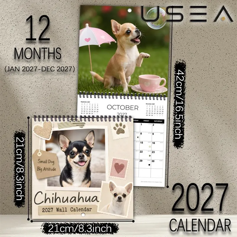 2027 Chihuahua Wall Calendar, Monthly Planner,Large Writable Blocks, US Holidays, Aesthetic Gift for Mom, Women & Coworkers