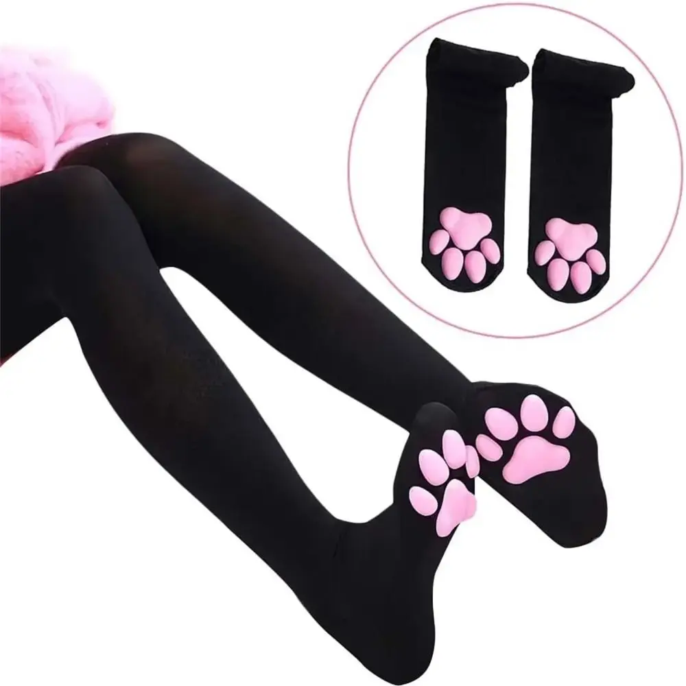 1 Pair Semi Sheer Cat Paw Stockings Cat Paw Pattern Harajuku Style Over Knee Socks Soft Paw Pads Stretchy Fabric