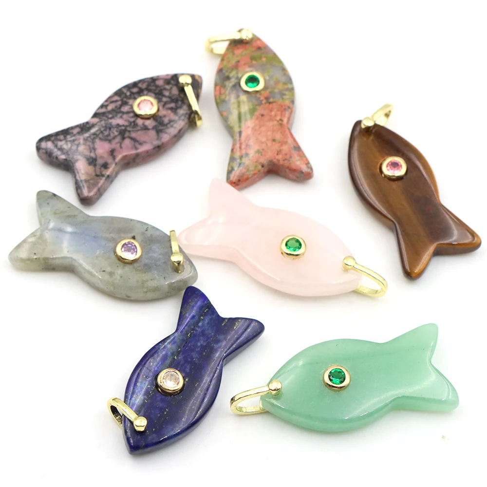 40mm Natural Stones Fish Shape Pendant Inlaid Color Zircon Charm Jewelry Making DIY Necklace Earring Accessorie Handcrafted Gift