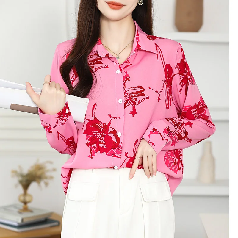 Women Clothing Fashion Rose Print Shirt Spring Summer Casual Loose Long Sleeve Blouses French Chic Elegant All-match Tops