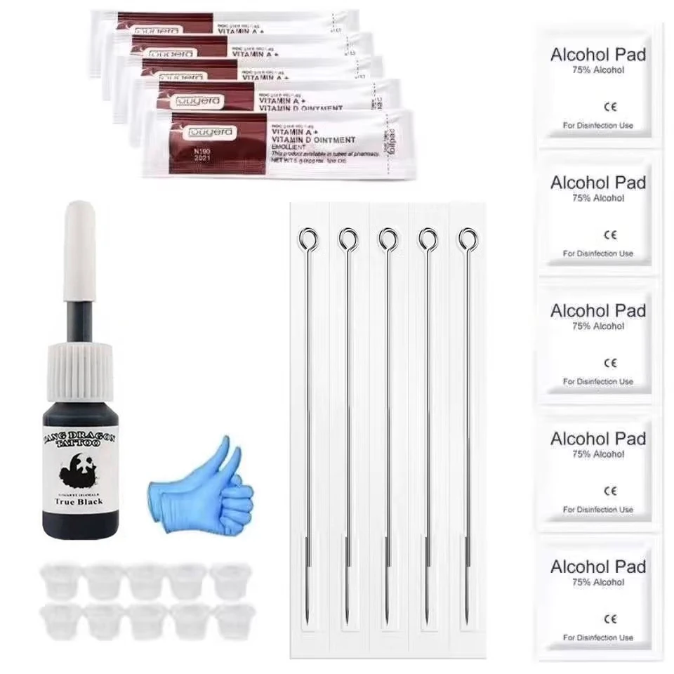 Complete kit of hand pricked tattoo tools: 1 bottle of 5ml black tattoo ink+5 disposable tattoo needles Self-taught tattoo tools