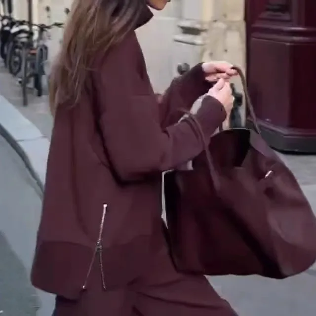 Women's Autumn Winter Knitted 2 Piece Set Casual Simple Solid Long Sleeve Turtleneck Zipper Pullover Top Trousers Pants Sets