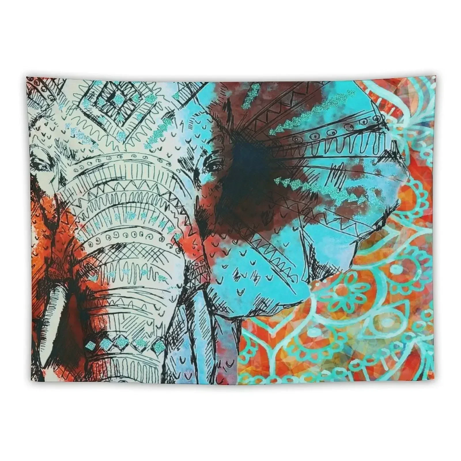 

Elephant Indian Asian Sketched Elephants Orange & Blue Tapestry Wallpapers Home Decor Aesthetics For Room Tapestry