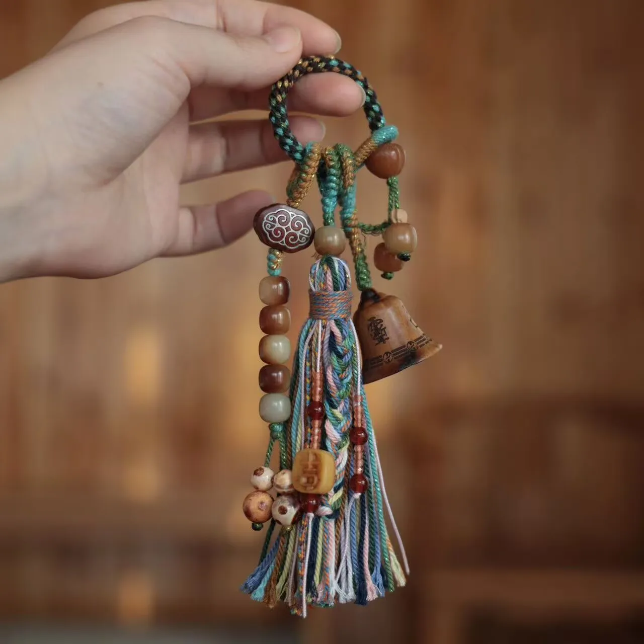Chinese Style Handmade Good Luck Thunderstruck Wood Bell Pendant Bodhi Root Beads Camel Bone Auspicious Blessing Keychain Bag