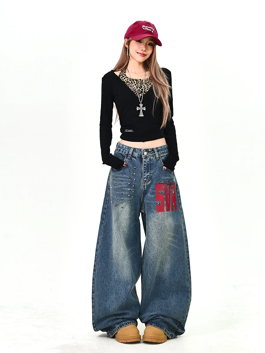 

Waed Denim Jeans Women's Spring 2026 New Loose Bf Korean Sle Street Long Pants Embroidered Letter Floor-Length Trousers