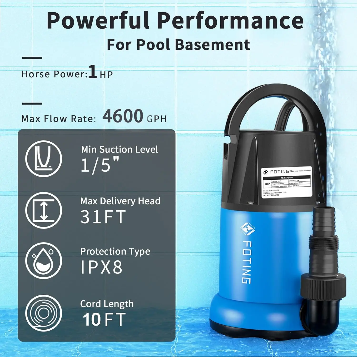 1HP Submersible Water Pump 4600GPH Utility Pump for Pool Pond Basement with 10ft Cord Manual