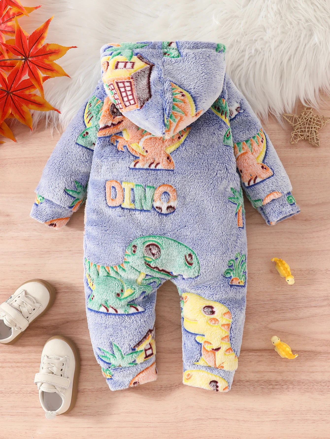 Baby navy blue dinosaur cartoon cute pattern plush hooded warm jumpsuit, children\'s autumn and winter clothes