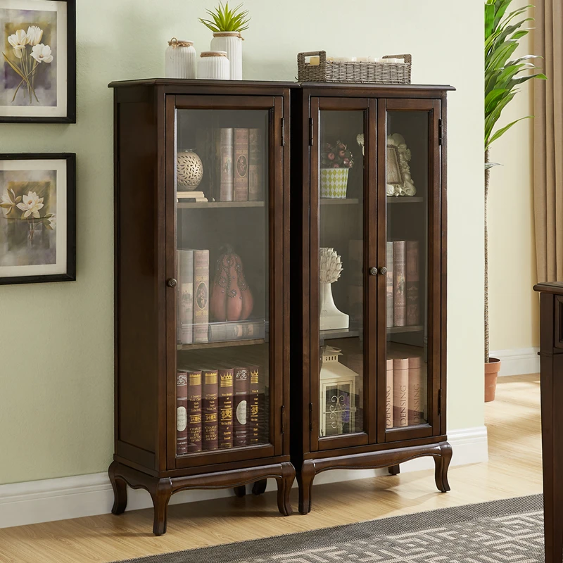 Single door American solid wood bookshelf with door and glass door combination, simple bookshelf, living room storage cabinet