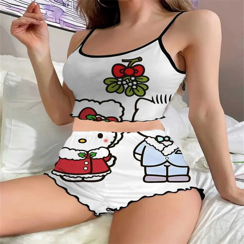 Two Pieces Set of Ruffled Edge Design Sleepwear for Women Sexy Charming Women's Suspender Nightwear Summer Sleevesless Pajama