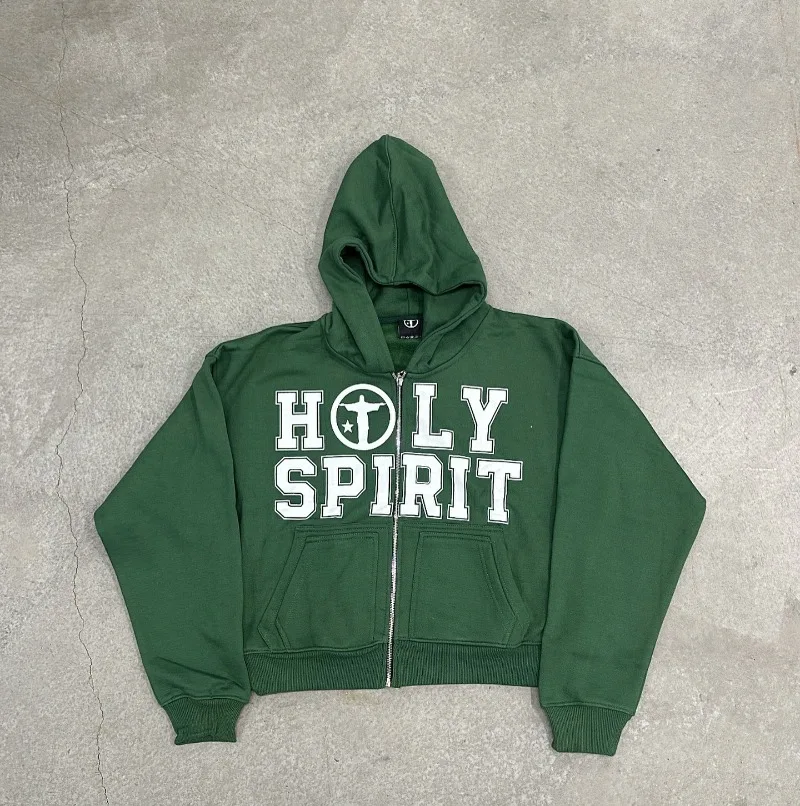 

European and American vintage high street alphabet print hoodie men Harajuku trend brand zipper hoodie loose casual sweatshirt
