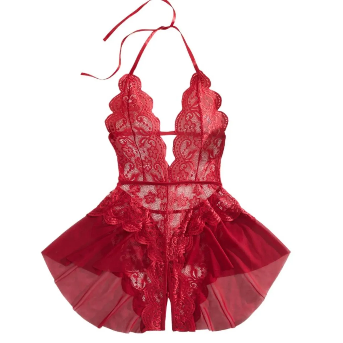 

Women’s Lace Bodysuit Elegant Babydoll Style Halter Neck Tulle Hem Soft Stretch Fabric Comfortable Daily Wear