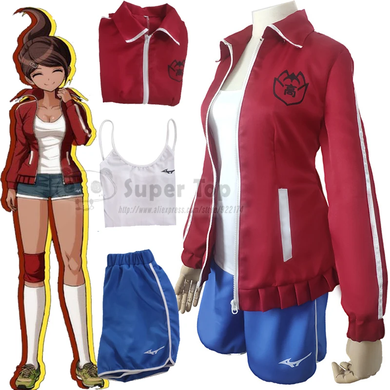 

Game Danganronpa: Trigger Happy Havoc Cosplay Csotume Women Men Asahina Aoi Cosplay Full Set Red Jacket Coat Top Blue Shorts