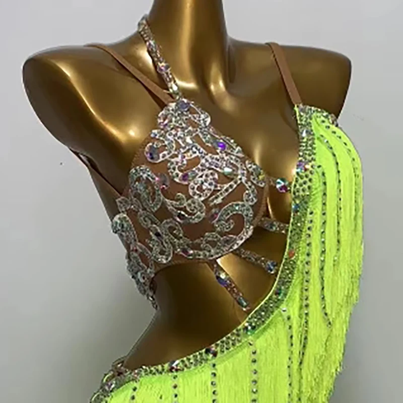 Concours de danse latine pour femmes, jupe de danse à franges personnalisée haut de gamme, bretelles, Cha Cha Samba, robe de Costume de spectacle en strass