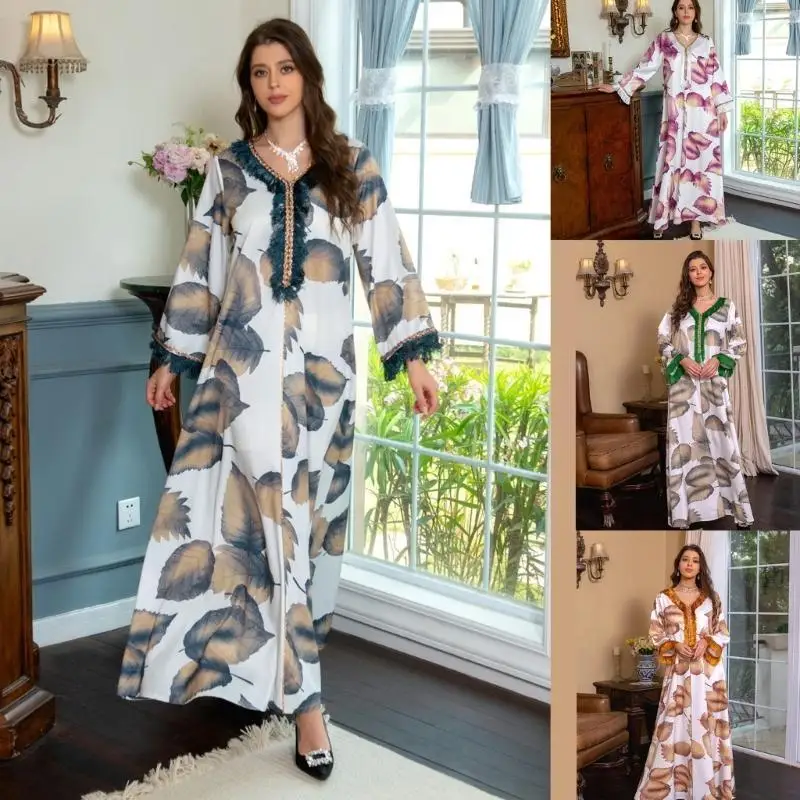 652F 여성 전체 길이 Kaftan-드레스 여성 이슬람 드레스 긴 소매 이슬람 드레스