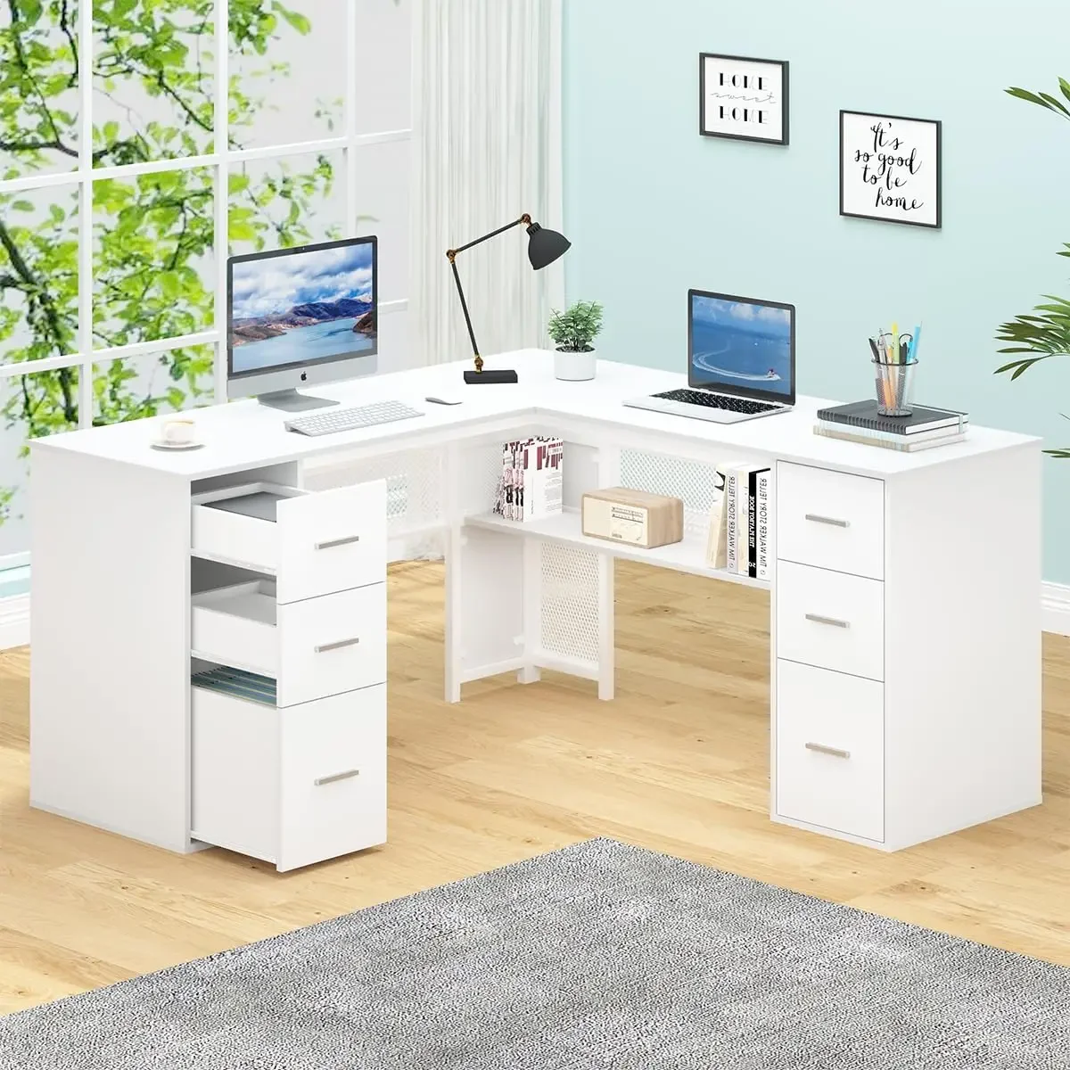 White L Shaped Desk with Drawers Shelves, Large Home Office Corner Computer Desk , Modern Writing Study Workstation