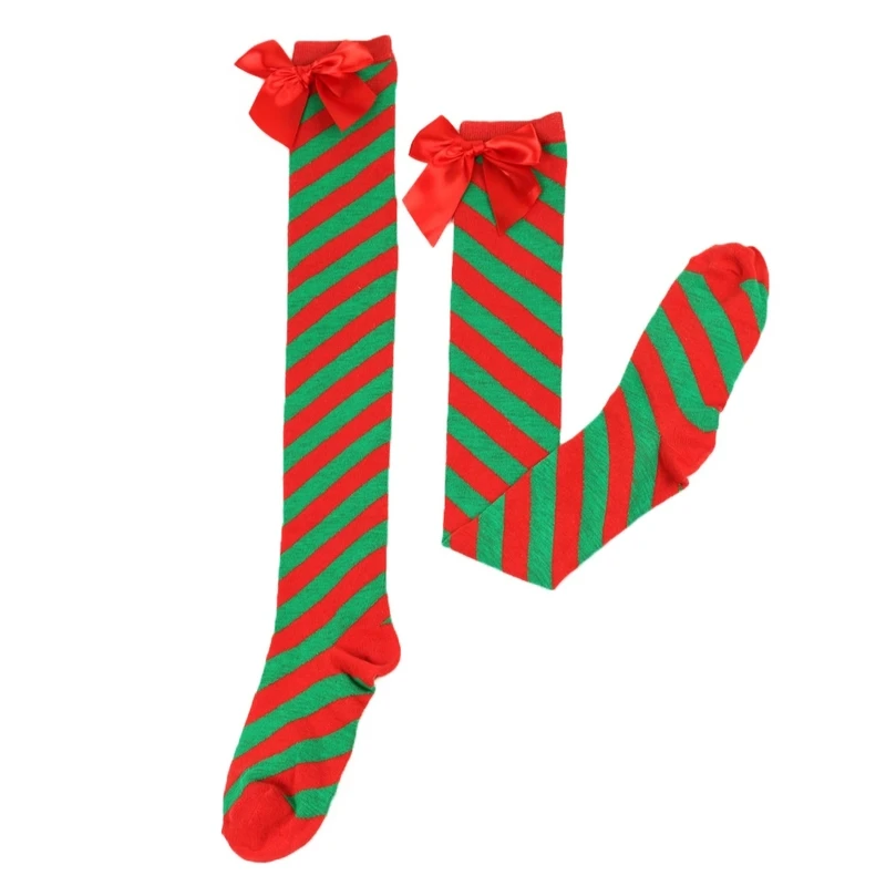 Striped Stockings Over The Knee Long Socks Christmas Red Green Stocking Bowknot Socks Women Girls Long Socks Dropship