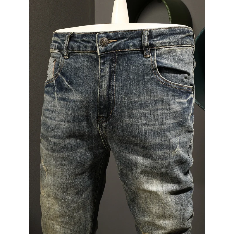 Осень 2021, мужская одежда, элитные джинсы в стиле ретро, мужские прямые повседневные уличные ностальгические эластичные облегающие джинсовые брюки