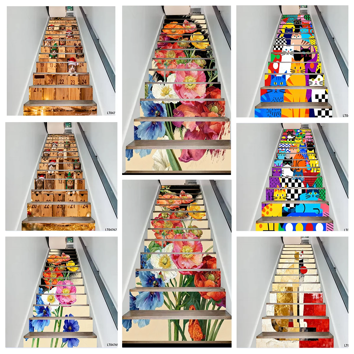 

Christmas Countdown Calendar Cat Beautiful Floral PVC Stair Stickers,Waterproof Wear-Resistant Decorative Decals for Home Stairs