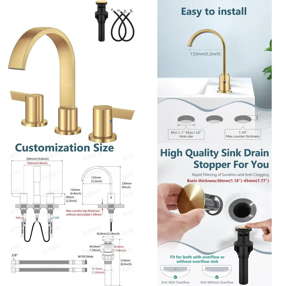 

8 Widespread Waterfall 3-Hole Brushed Gold Bathroom Sink Faucet with 2 Handles and Pop-Up Drain
