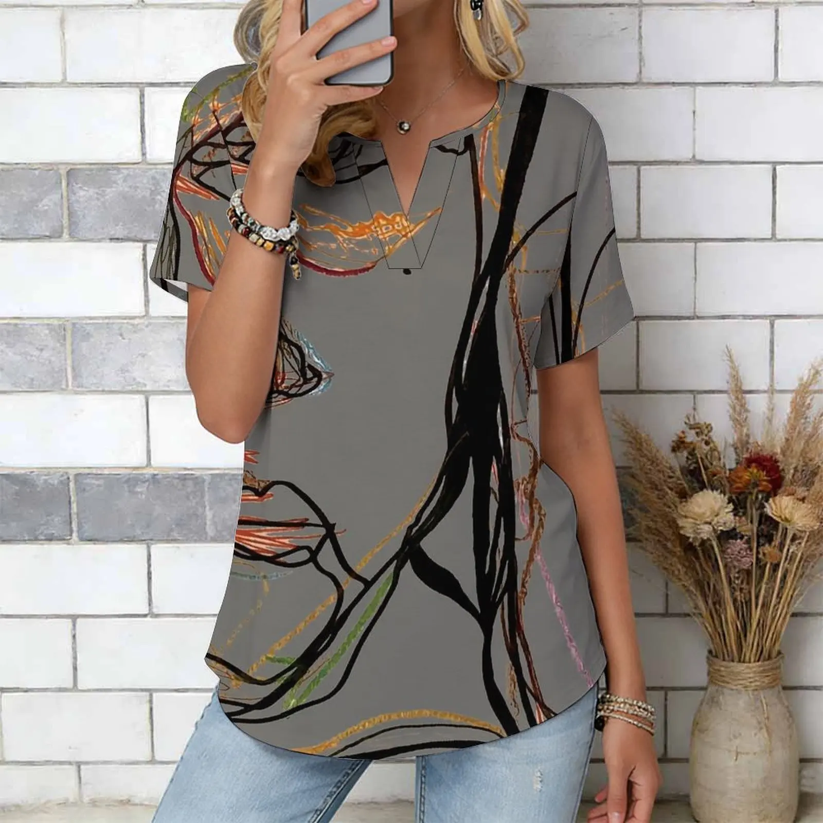 Women Print Notched V Neck Short Sleeve Casual Loose Tunic Tops