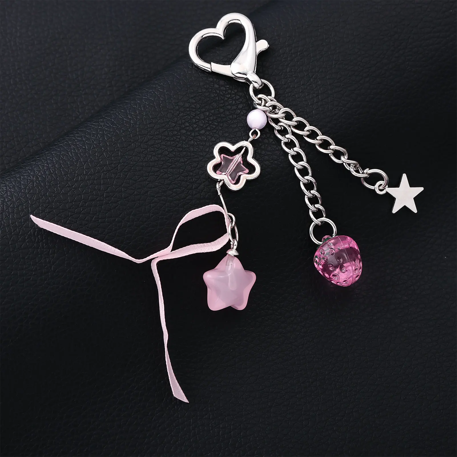1PCS Sweet Style Bow Keychain Pink Pendant Creative Mobile Phone Short Chain Love Five-pointed Star Accessories Bag Decoration image 2