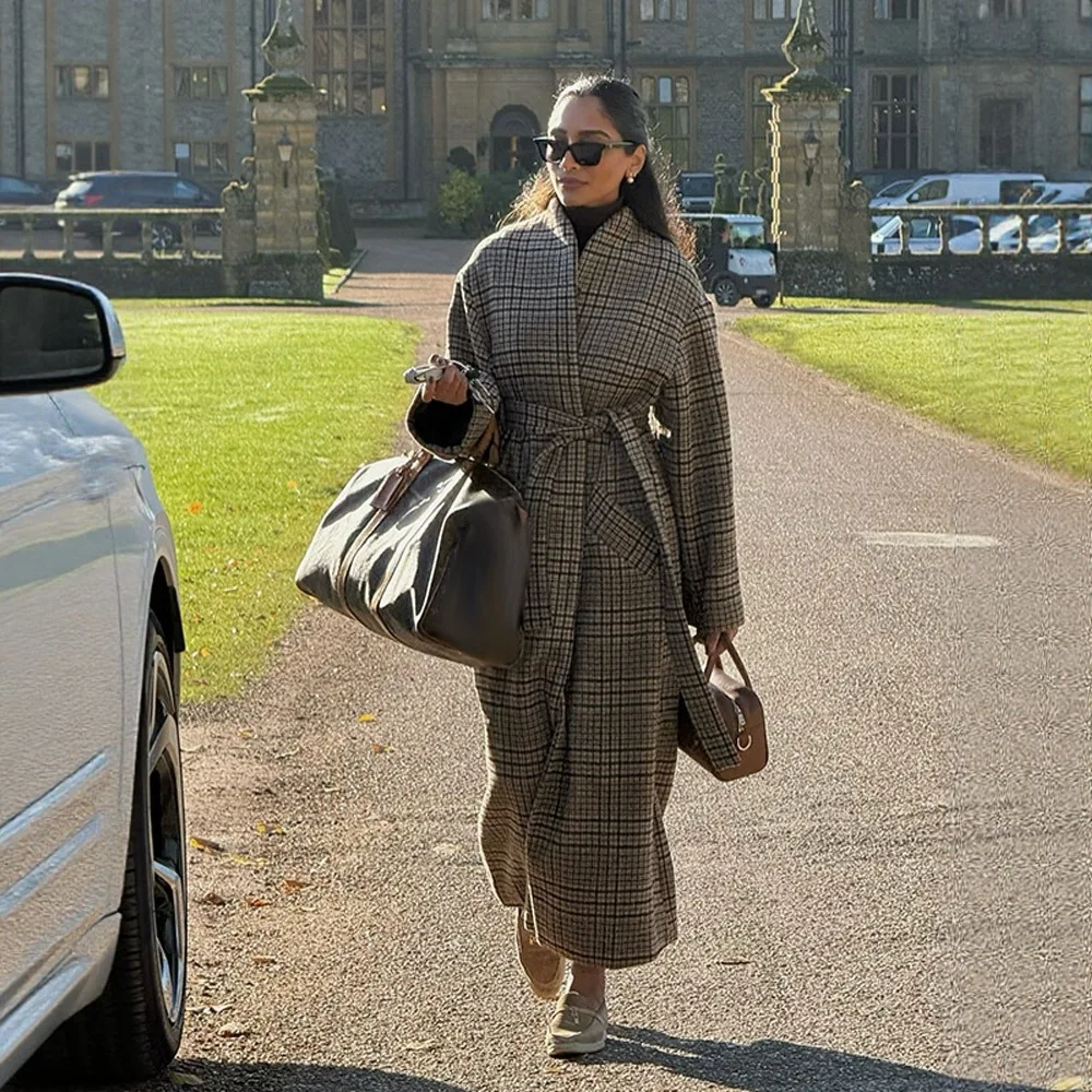

Осень-зима 202, новое клетчатое свободное шерстяное пальто средней длины, женское элегантное облегающее универсальное пальто