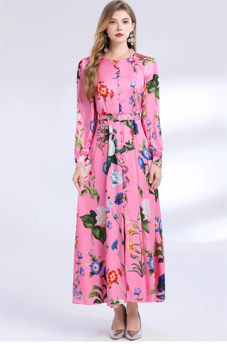 

Vintage Long Sleeve Floral Print Long Maxi Dress for Women Elegant Single Breasted Belt Slim Satin Party Dress Robes Femme