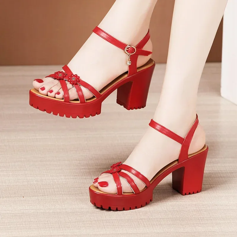 8cm Small Size 32-43 Elegant Floral Soft Leather Shoes Platform Sandals Summer 2024 Block High Heels Sandals for Office Model