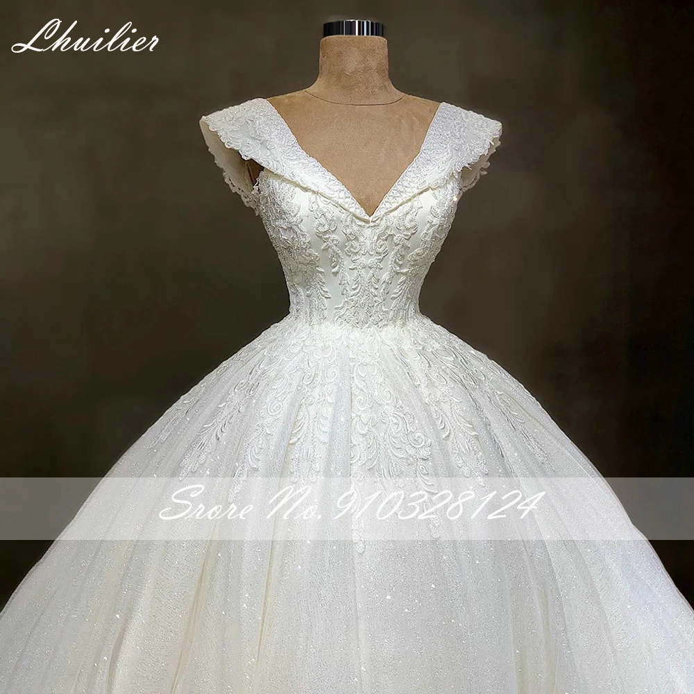 Lhuilier Women's Luxury A Line V Neck Tulle Wedding Dresses Crystal Beaded Cap Sleeves Bridal Gown with Corset Back