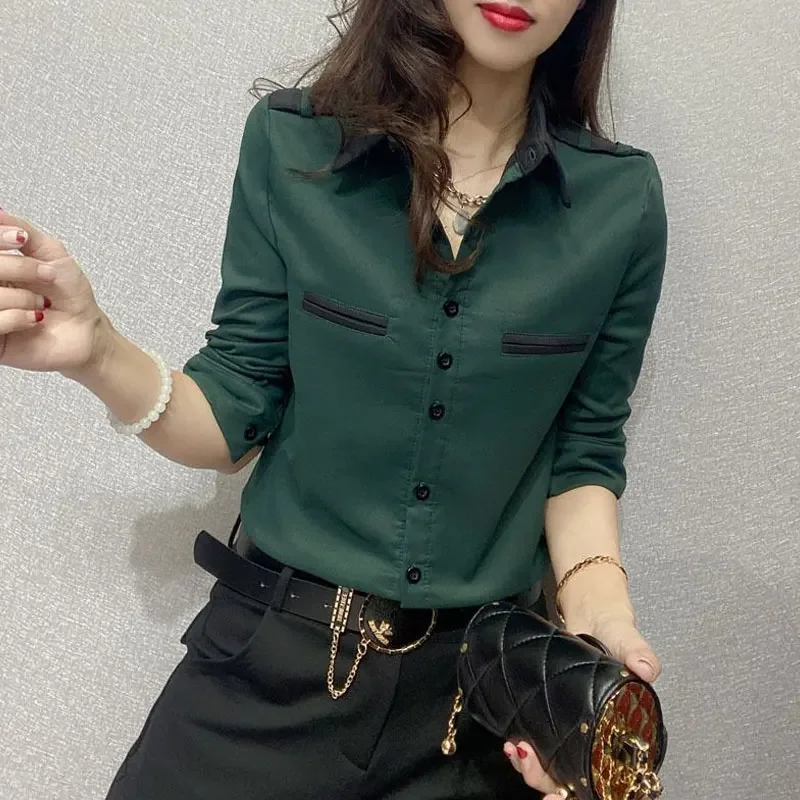 Camisa de Ropa de Trabajo de Color sólido para mujer de oficina primavera otoño ropa femenina de manga larga bolsillos empalmados elegante blusa de un solo pecho