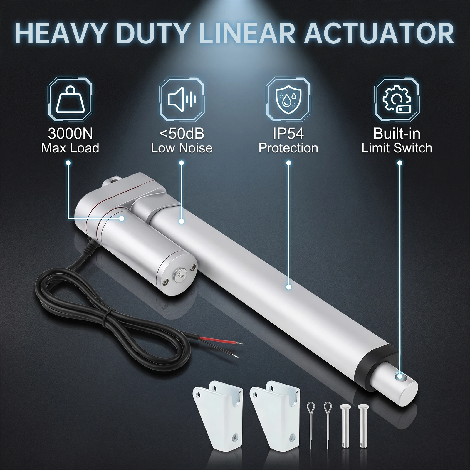 12V Linear Actuator 3000N/660lbs 50-400mm Stroke Heavy Duty Electric Actuator for Windows / Industrial Machinery with Brackets