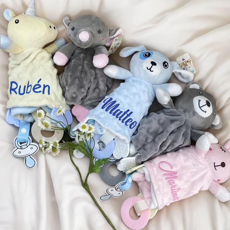 Personalized Name Baby Comforter Minky Security Blanket Lovey Teether Bunny Elephant Newborn Baby Shower Gift