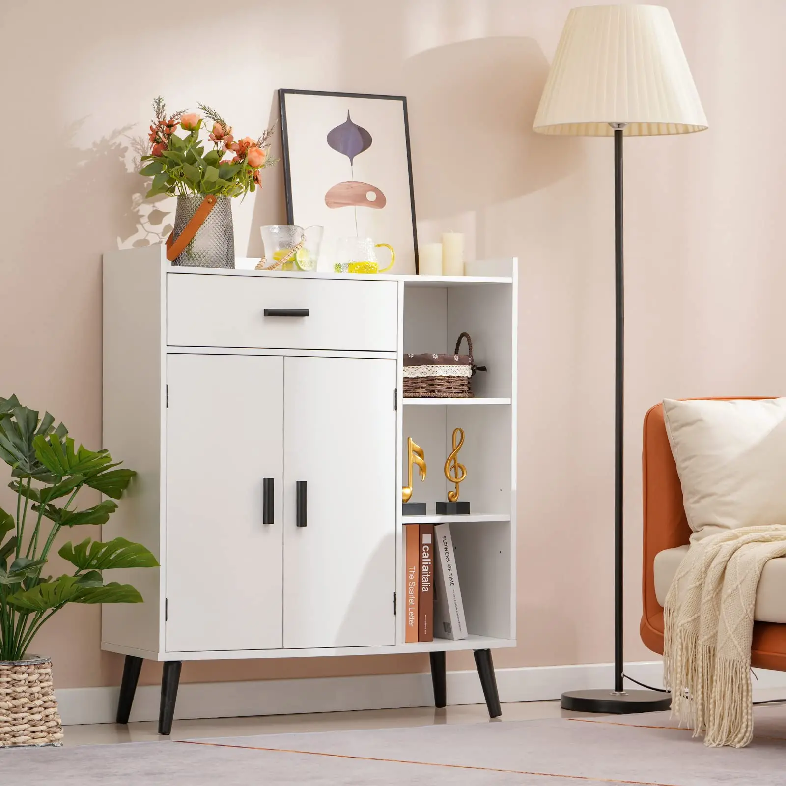 Storage Cabinet With 2 Doors And 3 Shelves Floor Storage Cabinet With 1 Large Drawer Freestanding Cabinet For Living Room