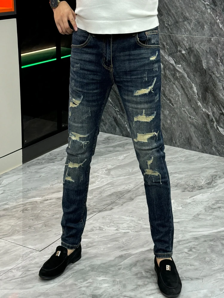 

Модные рваные прямые мужские джинсы, эластичные эластичные повседневные брюки, всесезонные легкие роскошные брюки Bootcut