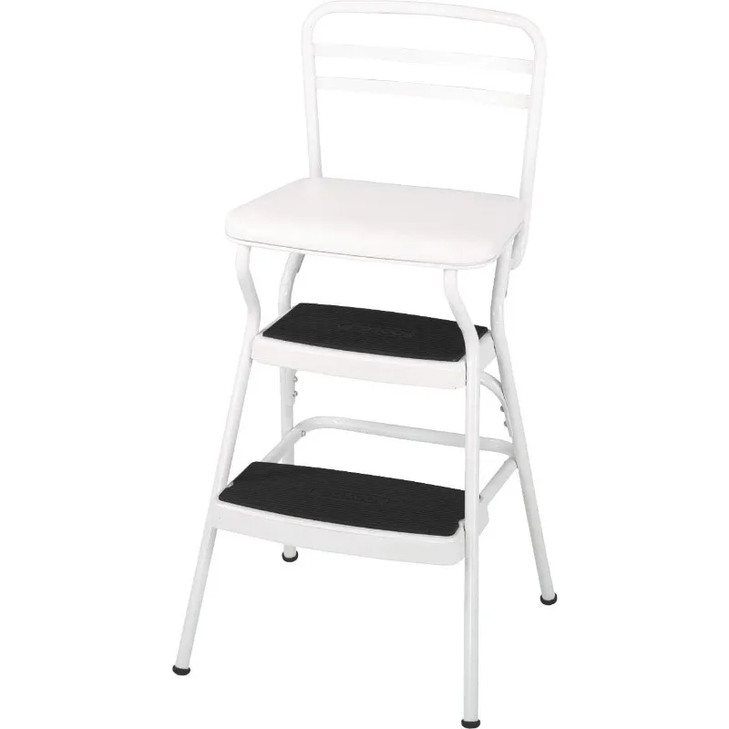 Stylaire Retro Chair + Step Stool with Flip-Up Vinyl Seat, White