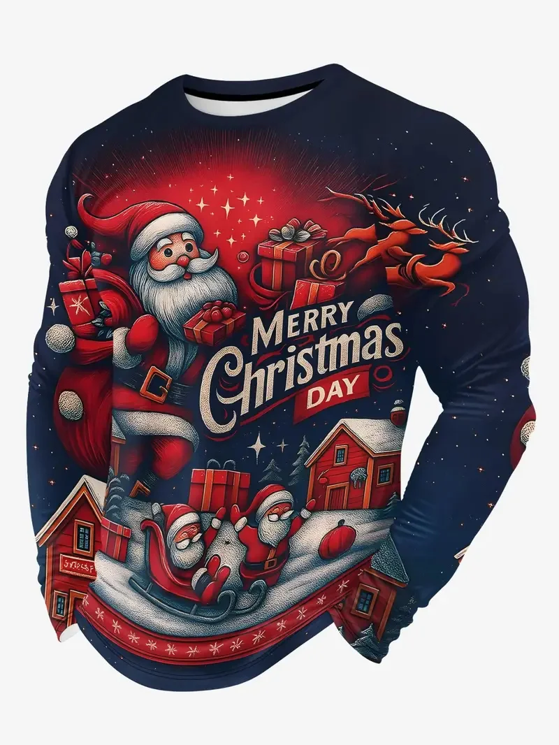 Fashion Santa Clause Graphic Men's T-Shirts Merry Chrismas Theme Long Sleeved Tops Autumn Winter Creative Festival Party Clothes