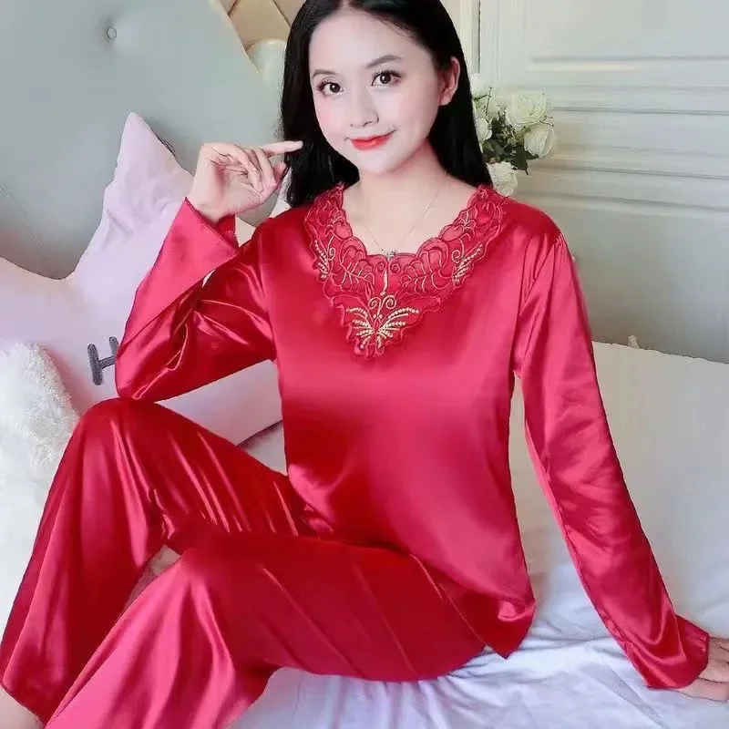 Female High-grade Home Clothing Set Summer Ladies Large Size 4XL Pajamas Two-piece Set Women Long Sleeve Silk Nightgown Outfit image 6
