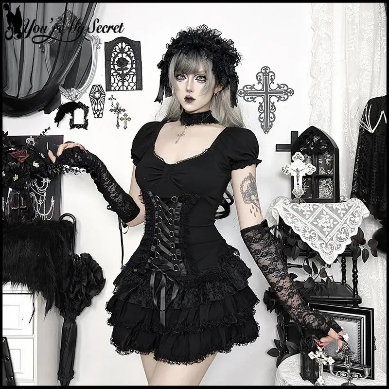 Gothic Puff Short Sleeve Corset Top Women Square Neck Lace Trim Bandage Waist Cincher Shirt Dark Punk Vintage Lolita Blouse