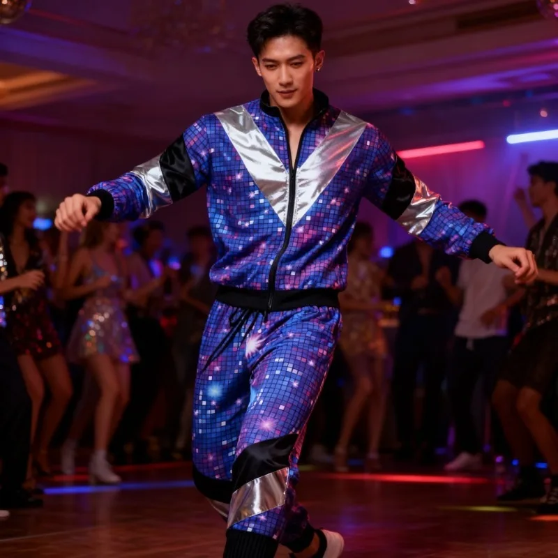 

80s Style Disco Jogging Clothes Color Blocked Jackets and Pants Retro Clothing for Themed Parties and 80s Night Events