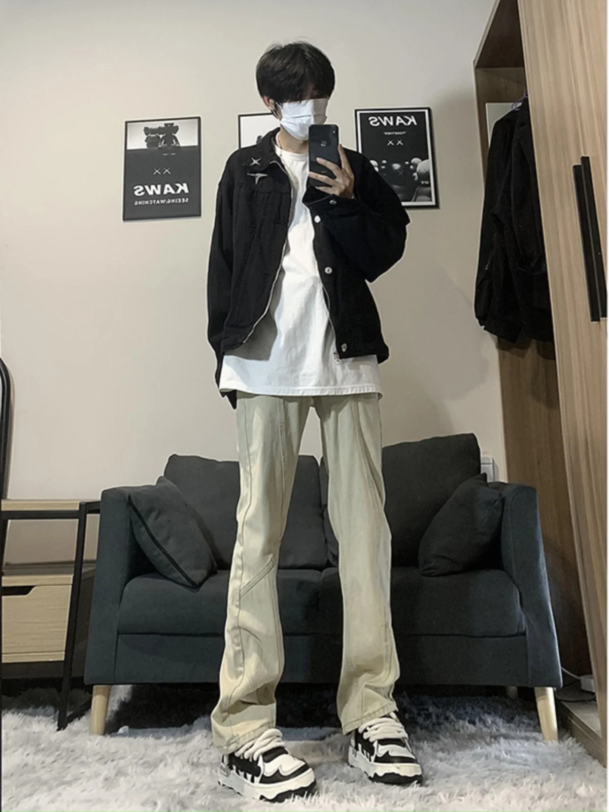 

Мужские джинсы American Sle в стиле пэчворк, модные прямые джинсы с эффектом удлинения ног, слегка расклешенные брюки с низкой посадкой и застежкой-молнией.