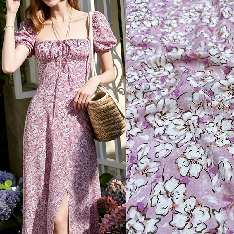 White Floral Printed Stretch Pink Silk Crepe de Chine Fabric for DIY Sewing Summer Soft Dress Pajamas Silk Fabric FR7032