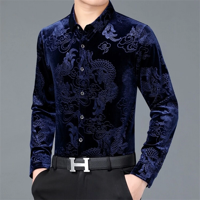 Creative Golden Yellow Dragon Shirts For Men Long Sleeved Casual Autumn High Quality Smooth Comfortable Velour Camisas De Hombre