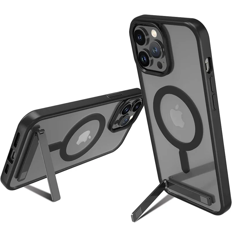 UYUXIO Magnetische Handyhülle mit Ständer für iPhone 17 16 15 Pro Max 14 13 12 11 – Transparente schwarze Schutzhülle mit Halterung