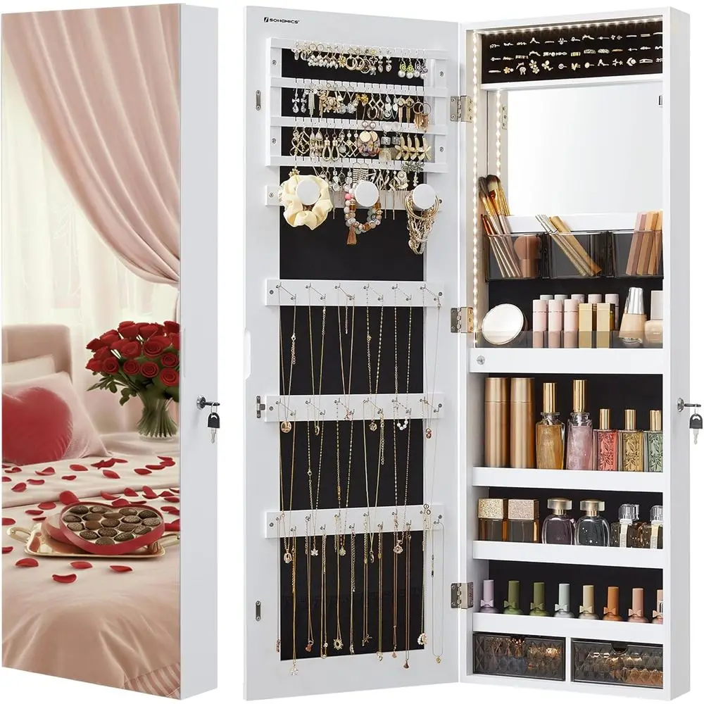 

Wall-Mounted Storage Cabinet with Full-Length Illuminated Mirror, Built-in Makeup Mirror, 2 Drawers, Lockable, White